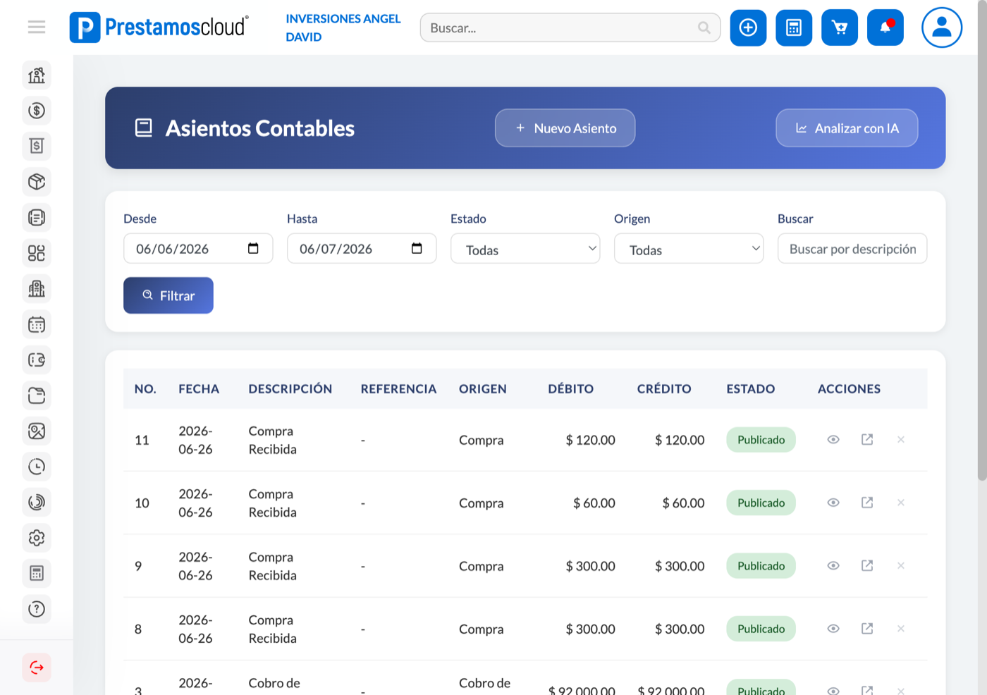 Ejemplo de Contabilidad Integrada - PrestamosCloud